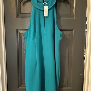 Ladies green sleeveless dress with collar, zips in back.